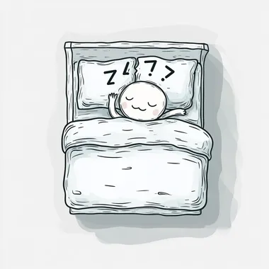 birds eye view, top shot, clean cartoon line drawing style, a big head small body cute stick figure character laying, covered in the duvet of the bed from the chest down, sleeping with "Z"s above his head, in a clean white bed in a clean bright white room,