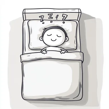 birds eye view, top shot, clean cartoon line drawing style, a big head small body cute stick figure character laying, covered in the duvet of the bed from the chest down, sleeping with "Z"s above his head, in a clean white bed in a clean bright white room,