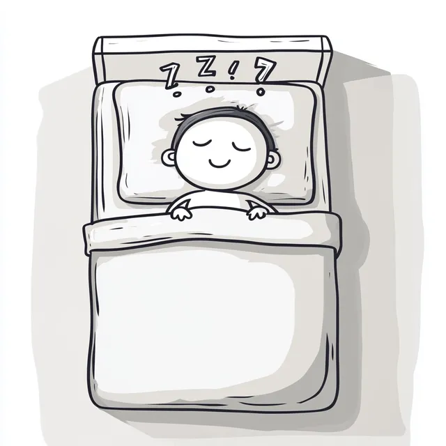 Cute Stick Figure Sleeping in Bed, Top View in Bright White Room