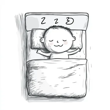 birds eye view, top shot, clean cartoon line drawing style, a big head small body cute stick figure character laying, covered in the duvet of the bed from the chest down, sleeping with "Z"s above his head, in a clean white bed in a clean bright white room,