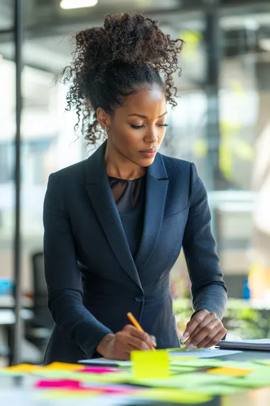 A cinematic photograph of a Black woman in her 30s, wearing an elegant tailored business suit in navy blue, her hair styled in natural curls. She is standing at a desk, writing on colorful post-it notes with a determined expression. The office is modern, with large windows letting in natural daylight, illuminating the sleek furniture and creating soft shadows. The scene captures vibrant yellow and green post-its scattered across the desk and glass wall in the background. Shot with a Canon EOS R5, 85mm f/1.4 lens, using natural light and soft focus, vibrant tones, and a shallow depth of field.