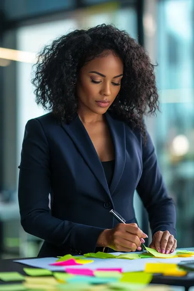 A cinematic photograph of a Black woman in her 30s, wearing an elegant tailored business suit in navy blue, her hair styled in natural curls. She is standing at a desk, writing on colorful post-it notes with a determined expression. The office is modern, with large windows letting in natural daylight, illuminating the sleek furniture and creating soft shadows. The scene captures vibrant yellow and green post-its scattered across the desk and glass wall in the background. Shot with a Canon EOS R5, 85mm f/1.4 lens, using natural light and soft focus, vibrant tones, and a shallow depth of field.