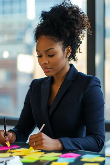 A cinematic photograph of a Black woman in her 30s, wearing an elegant tailored business suit in navy blue, her hair styled in natural curls. She is standing at a desk, writing on colorful post-it notes with a determined expression. The office is modern, with large windows letting in natural daylight, illuminating the sleek furniture and creating soft shadows. The scene captures vibrant yellow and green post-its scattered across the desk and glass wall in the background. Shot with a Canon EOS R5, 85mm f/1.4 lens, using natural light and soft focus, vibrant tones, and a shallow depth of field.