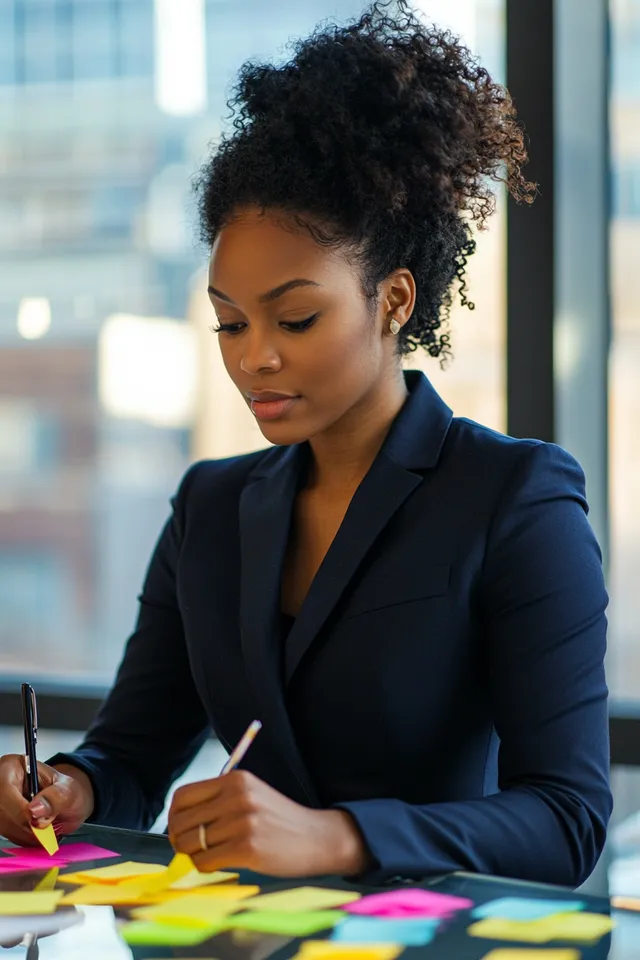 Black woman in tailored business suit writing at modern office desk