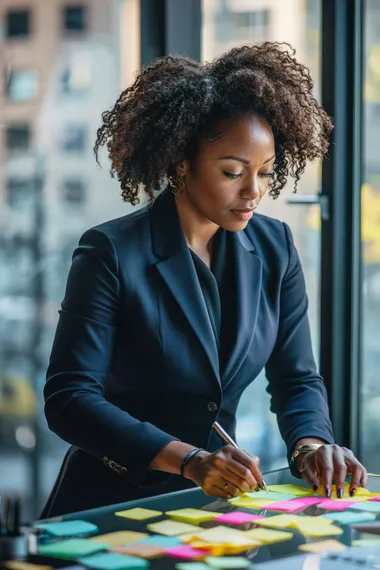 A cinematic photograph of a Black woman in her 30s, wearing an elegant tailored business suit in navy blue, her hair styled in natural curls. She is standing at a desk, writing on colorful post-it notes with a determined expression. The office is modern, with large windows letting in natural daylight, illuminating the sleek furniture and creating soft shadows. The scene captures vibrant yellow and green post-its scattered across the desk and glass wall in the background. Shot with a Canon EOS R5, 85mm f/1.4 lens, using natural light and soft focus, vibrant tones, and a shallow depth of field.