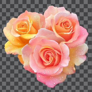 Pink and yellow roses, realistic, romantic and beautiful, with drops on the petals, white background color