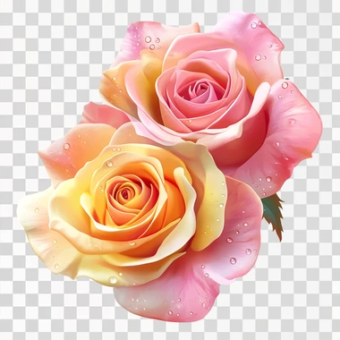 Pink and yellow roses, realistic, romantic and beautiful, with drops on the petals, white background color