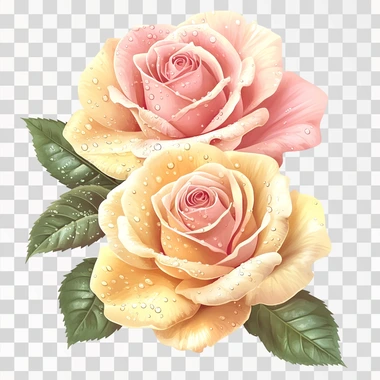 Pink and yellow roses, realistic, romantic and beautiful, with drops on the petals, white background color