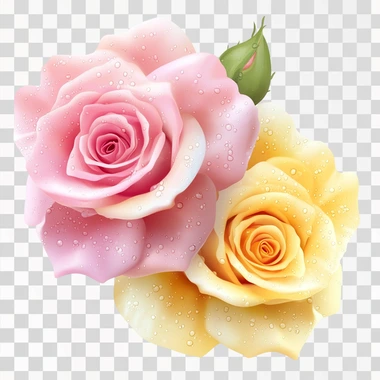 Pink and yellow roses, realistic, romantic and beautiful, with drops on the petals, white background color