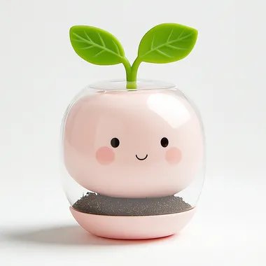 Full body, generate three views, namely the front view, the side view and the backview,full body,whole body, PopMart blind box,IP design,collectible toys,A light pink transparent flowerpot, with soil visible inside and two green leaves on top,==ar16:9