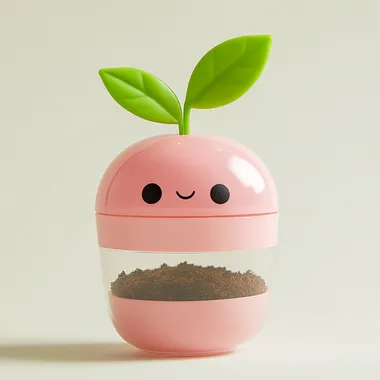 Full body, generate three views, namely the front view, the side view and the backview,full body,whole body, PopMart blind box,IP design,collectible toys,A light pink transparent flowerpot, with soil visible inside and two green leaves on top,==ar16:9