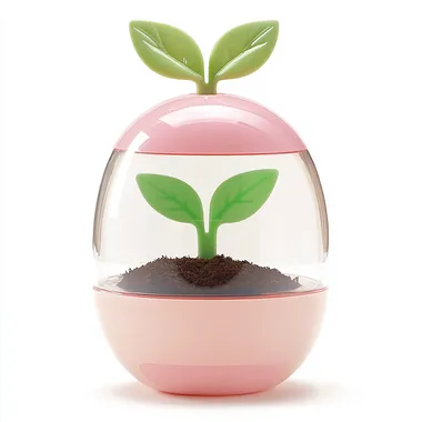 Full body, generate three views, namely the front view, the side view and the backview,full body,whole body, PopMart blind box,IP design,collectible toys,A light pink transparent flowerpot, with soil visible inside and two green leaves on top,==ar16:9