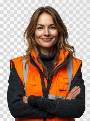 Real photography of a Dutch Logistics Employee. She is wearing an orange safety vest over her dark grey sweater. She smiles at the camera with her arms folded. She looks confident. White solid background.