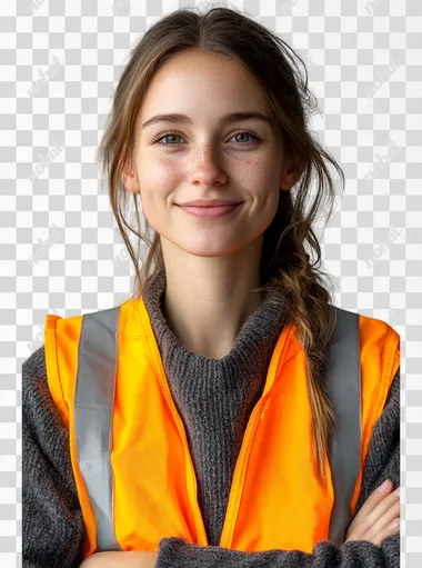 Real photography of a Dutch Logistics Employee. She is wearing an orange safety vest over her dark grey sweater. She smiles at the camera with her arms folded. She looks confident. White solid background.