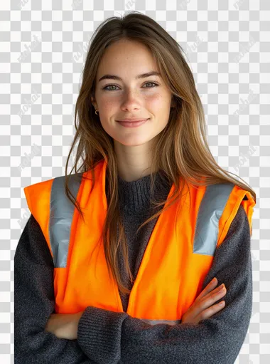 Real photography of a Dutch Logistics Employee. She is wearing an orange safety vest over her dark grey sweater. She smiles at the camera with her arms folded. She looks confident. White solid background.