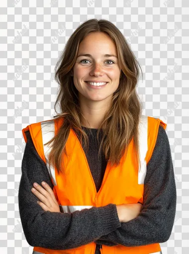 Real photography of a Dutch Logistics Employee. She is wearing an orange safety vest over her dark grey sweater. She smiles at the camera with her arms folded. She looks confident. White solid background.