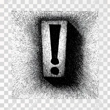 a exclamation mark, on pure white background and white surface, no shadows, no texture, no noise, black and white only, 15th century woodcut rough etching style --raw