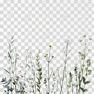 white background with tall full plants and small plants around it