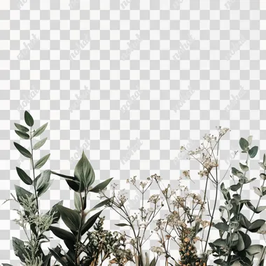 white background with tall full plants and small plants around it
