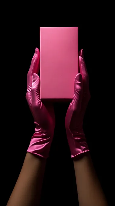 beautiful female hands in long pink satin gloves are holding a hot pink box in the center of composition. one hand is above other. isolated on a black background, detailed photograph, Detailed, professional photography with a full-length shot and high resolution.