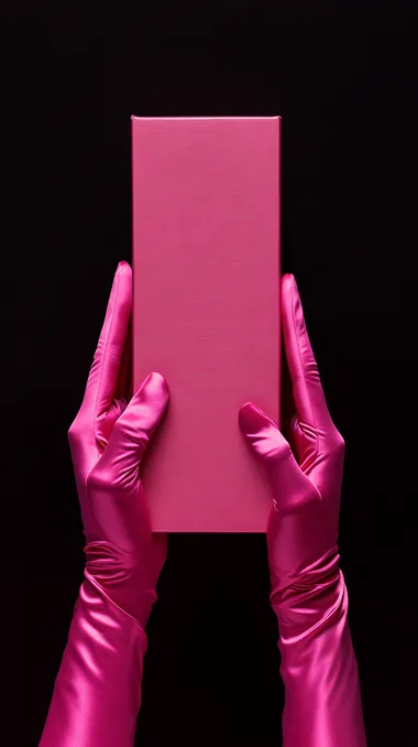 beautiful female hands in long pink satin gloves are holding a hot pink box in the center of composition. one hand is above other. isolated on a black background, detailed photograph, Detailed, professional photography with a full-length shot and high resolution.