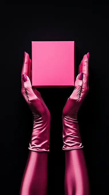 beautiful female hands in long pink satin gloves are holding a hot pink box in the center of composition. one hand is above other. isolated on a black background, detailed photograph, Detailed, professional photography with a full-length shot and high resolution.