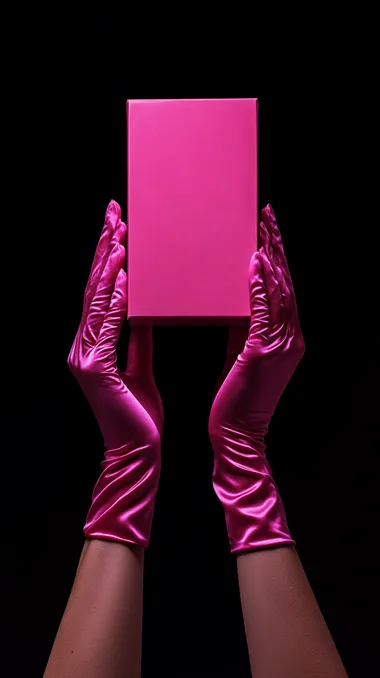 beautiful female hands in long pink satin gloves are holding a hot pink box in the center of composition. one hand is above other. isolated on a black background, detailed photograph, Detailed, professional photography with a full-length shot and high resolution.
