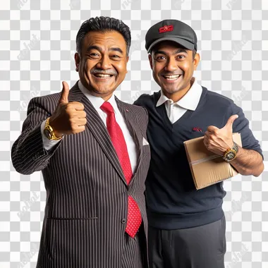 studio photography shot of 2 people - a Singaporean Chinese business man in his 60s, standing proudly with a smug grin, with a big pompadour, grinning widely dressed in a pinstriped suit and red tie, with gold rings on his fingers and a rolex on his wrist, facing camera with one hand doing thumbs up, next to another Indian man in his 30s, wearing a polo tee, pants and cap with one hand in his holding a parcel and one hand doing a thumbs up, frontal shot with white background