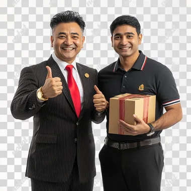 studio photography shot of 2 people - a Singaporean Chinese business man in his 60s, standing proudly with a smug grin, with a big pompadour, grinning widely dressed in a pinstriped suit and red tie, with gold rings on his fingers and a rolex on his wrist, facing camera with one hand doing thumbs up, next to another Indian man in his 30s, wearing a polo tee, pants and cap with one hand in his holding a parcel and one hand doing a thumbs up, frontal shot with white background