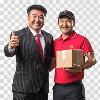 studio photography shot of 2 people - a Singaporean Chinese business man in his 60s, standing proudly with a smug grin, with a big pompadour, grinning widely dressed in a pinstriped suit and red tie, with gold rings on his fingers and a rolex on his wrist, facing camera with one hand doing thumbs up, next to another Indian man in his 30s, wearing a polo tee, pants and cap with one hand in his holding a parcel and one hand doing a thumbs up, frontal shot with white background