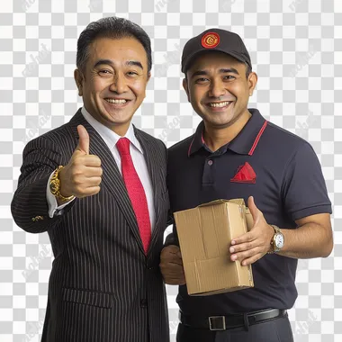 studio photography shot of 2 people - a Singaporean Chinese business man in his 60s, standing proudly with a smug grin, with a big pompadour, grinning widely dressed in a pinstriped suit and red tie, with gold rings on his fingers and a rolex on his wrist, facing camera with one hand doing thumbs up, next to another Indian man in his 30s, wearing a polo tee, pants and cap with one hand in his holding a parcel and one hand doing a thumbs up, frontal shot with white background