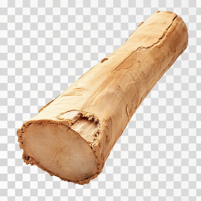 standing wooden log cut in half lengthwise, view from below,