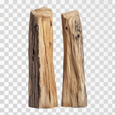 standing wooden log cut in half lengthwise, view from below, on white background, comercial photo
