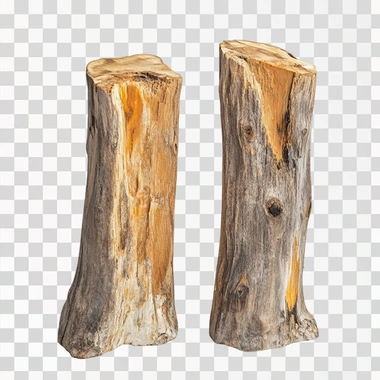 standing wooden log cut in half lengthwise, view from below, on white background, comercial photo