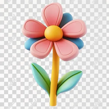 3D icon of a cute flower, in vivid color, simple shapes , as if made of clay material, white background
