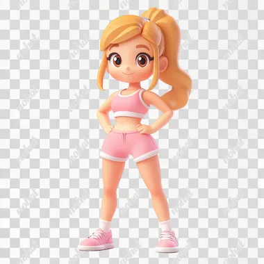 Little girl fitness 3D, white background, cartoon style, clay, Nintendo, cute, smooth, shiny, isometric view, blender, c4d High definition, high detail - s 250- niji 6