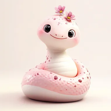 Chubby cute Q version of the little snake snake, snake, pink and white, big eyes, smiling, wearing a small flower on the head, anthropomorphic shape, perfect body structure, light background, perfect delicate facial features