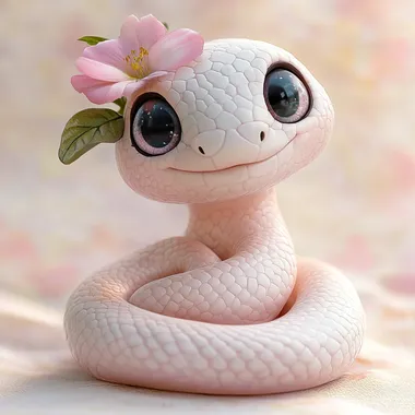Chubby cute Q version of the little snake snake, snake, pink and white, big eyes, smiling, wearing a small flower on the head, anthropomorphic shape, perfect body structure, light background, perfect delicate facial features