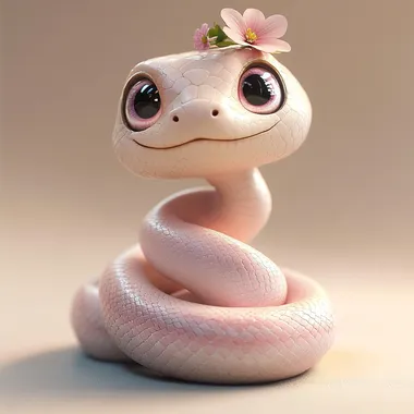 Chubby cute Q version of the little snake snake, snake, pink and white, big eyes, smiling, wearing a small flower on the head, anthropomorphic shape, perfect body structure, light background, perfect delicate facial features