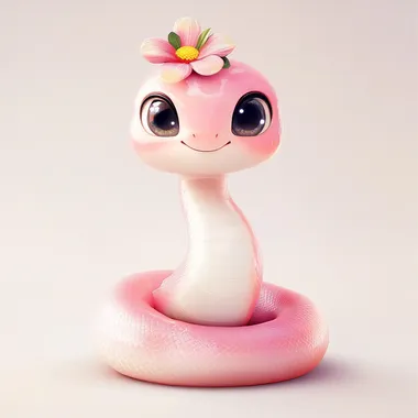 Chubby cute Q version of the little snake snake, snake, pink and white, big eyes, smiling, wearing a small flower on the head, anthropomorphic shape, perfect body structure, light background, perfect delicate facial features