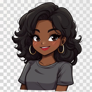 make a Nichijou twitch emote of a black African girl, with a bigger nose, smiling, she has black voluminous curly hair that is a bit longer than her shoulders, she has glamorous makeup with pink red lips, she is wearing thick small gold hoop earings, she has black eyes, and is wearing a tight grey short sleeve t-shirt, on a white background