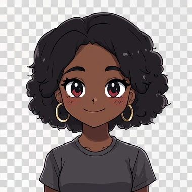 make a Nichijou twitch emote of a black African girl, with a bigger nose, smiling, she has black voluminous curly hair that is a bit longer than her shoulders, she has glamorous makeup with pink red lips, she is wearing thick small gold hoop earings, she has black eyes, and is wearing a tight grey short sleeve t-shirt, on a white background