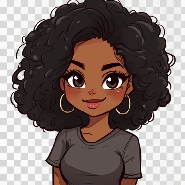 make a Nichijou twitch emote of a black African girl, with a bigger nose, smiling, she has black voluminous curly hair that is a bit longer than her shoulders, she has glamorous makeup with pink red lips, she is wearing thick small gold hoop earings, she has black eyes, and is wearing a tight grey short sleeve t-shirt, on a white background