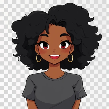 make a Nichijou twitch emote of a black African girl, with a bigger nose, smiling, she has black voluminous curly hair that is a bit longer than her shoulders, she has glamorous makeup with pink red lips, she is wearing thick small gold hoop earings, she has black eyes, and is wearing a tight grey short sleeve t-shirt, on a white background