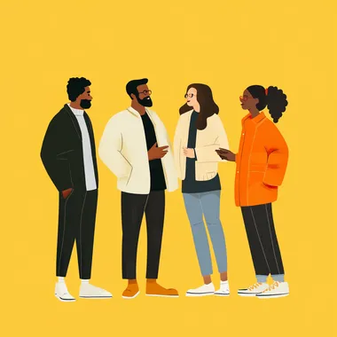 flat illustration standing talking four people business meeting multicultural
