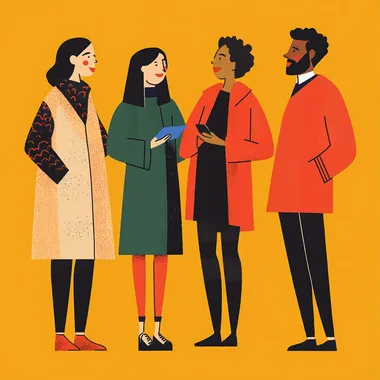 flat illustration standing talking four people business meeting multicultural