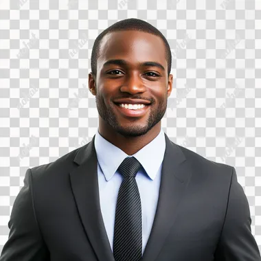 A Handsome man wearing a suit - The Suit Color is random - The Tie Color is random - Looks Clean & Modest & Appropriate - Smiling - Age 33 - Region: African American - DarkSkinned - Tall & Skinny - Modern-day Portrait (Real Life) - Jehovahs Witness - Facing Straight - Real life - Studio White Background | IMPROVE THIS PROMPT
