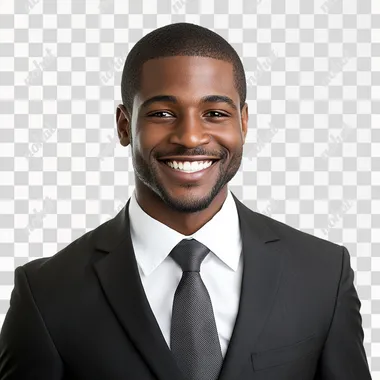 A Handsome man wearing a suit - The Suit Color is random - The Tie Color is random - Looks Clean & Modest & Appropriate - Smiling - Age 33 - Region: African American - DarkSkinned - Tall & Skinny - Modern-day Portrait (Real Life) - Jehovahs Witness - Facing Straight - Real life - Studio White Background | IMPROVE THIS PROMPT