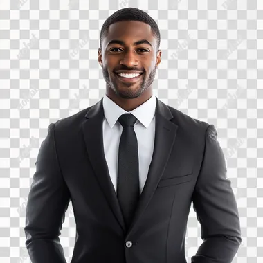 A Handsome man wearing a suit - The Suit Color is random - The Tie Color is random - Looks Clean & Modest & Appropriate - Smiling - Age 33 - Region: African American - DarkSkinned - Tall & Skinny - Modern-day Portrait (Real Life) - Jehovahs Witness - Facing Straight - Real life - Studio White Background | IMPROVE THIS PROMPT