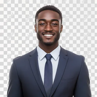 A Handsome man wearing a suit - The Suit Color is random - The Tie Color is random - Looks Clean & Modest & Appropriate - Smiling - Age 33 - Region: African American - DarkSkinned - Tall & Skinny - Modern-day Portrait (Real Life) - Jehovahs Witness - Facing Straight - Real life - Studio White Background | IMPROVE THIS PROMPT